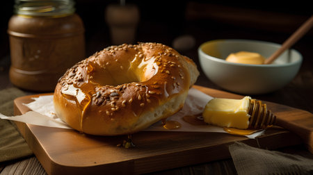 Bagel with butter and honey on a wooden board, selective focusの素材