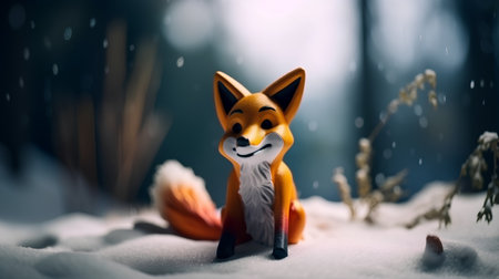 Cute little fox in winter forest with snow and falling snowflakesの素材