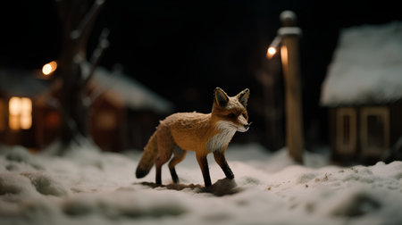Red fox standing in the snow at night in the village. Christmas background.の素材