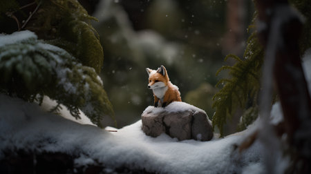 Red fox sitting on a rock in the forest during a snowfallの素材