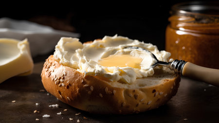 Sandwich with cream cheese and butter on a dark background. Selective focusの素材