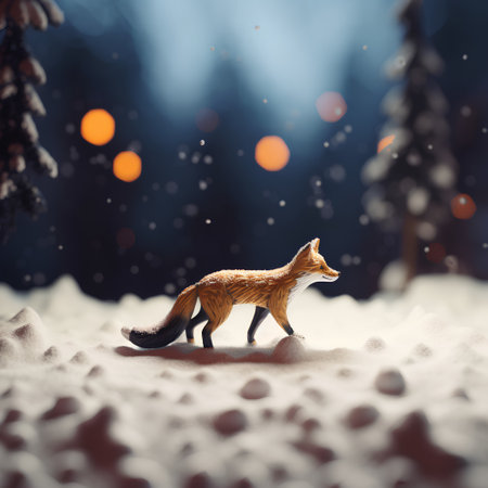 Red fox in winter forest with falling snow. Christmas and New Year concept.の素材