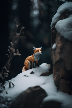 Red fox in winter forest. Wildlife scene with wild animal in snowy forest.の素材