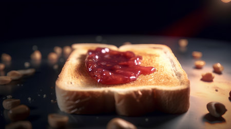 Delicious toast with strawberry jam on dark background, close-upの素材