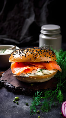 Sandwich with salmon, cream cheese and dill on dark backgroundの素材