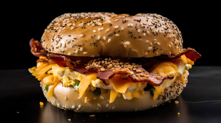 Bacon burger with egg, cheese and vegetables on black background.の素材