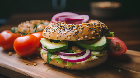 Vegetarian burger with cucumber, tomato, onion and sesame seedsの素材