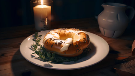 Bagel with cream cheese and herbs on a wooden table.の素材
