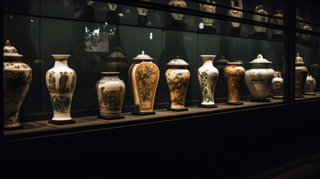 Ancient ceramic vases on display in a shop window in Istanbul, Turkeyの素材