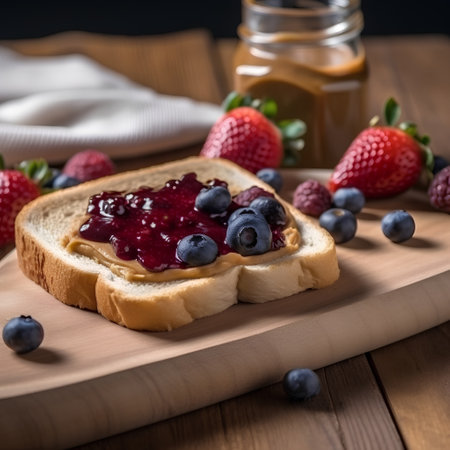 Toast with fresh berries and peanut butter on a wooden board.の素材