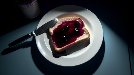 A slice of bread with blueberry jam and a knife on a plateの素材