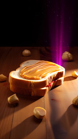 Peanut Butter Sandwich on a Wooden Table with Glowing Light.の素材