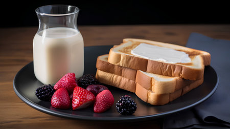 Breakfast with toast, milk and berries on a wooden table.の素材