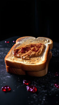 Toast with peanut butter and pomegranate seeds on a black backgroundの素材