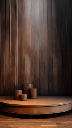 Wooden background with podium and candlestick. 3d renderの素材