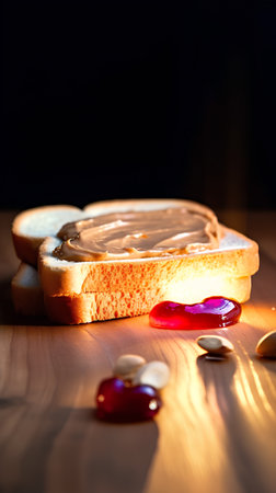 Slice of bread with peanut butter and jelly candies on wooden tableの素材