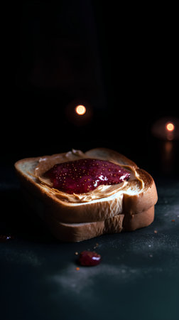 Toast with strawberry jam on a dark background. Dark background.の素材