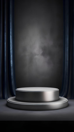Stage podium on black background with blue curtains. 3d render.の素材