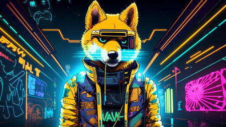 A wolf in a spacesuit against the background of neon lights.の素材