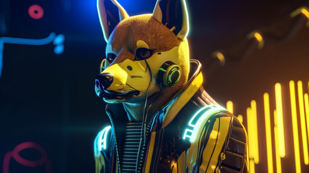 Sci-fi robot in neon light. 3D rendering.の素材