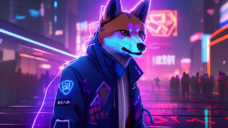 3d rendering of a wolf in a futuristic city with neon lightsの素材