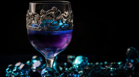 glass of wine on a black background with blue stones, close-upの素材