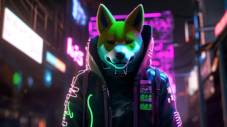 A portrait of a neon fox wearing a hoodie.の素材