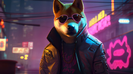 Shiba Inu dog in a leather jacket on the background of night city.の素材