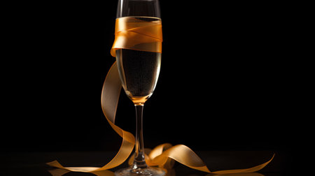 Champagne glass with golden ribbon on black background, closeup viewの素材