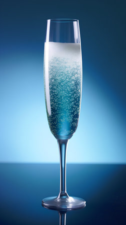champagne glass on a blue background, closeup of photoの素材
