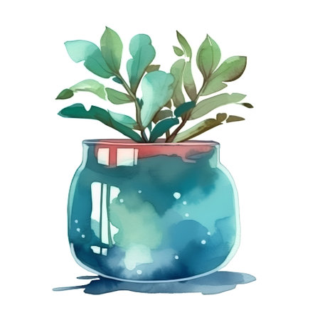 Watercolor illustration of a plant in a pot on a white backgroundの素材