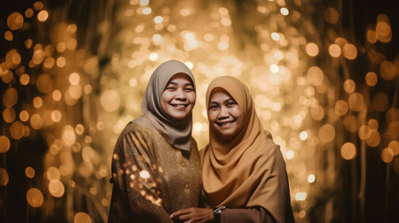 muslim women wearing hijab with christmas lights bokeh backgroundの素材