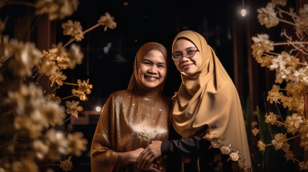 Muslim woman with hijab and her daughter during Eid Mubarak celebration at homeの素材