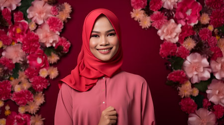 Hijab woman with pink shirt and red flower wall background.の素材