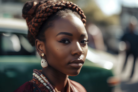 Close up portrait of a beautiful african american woman with braids.の素材