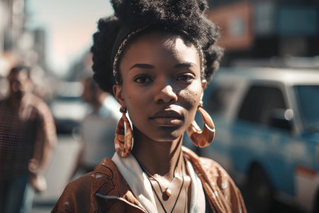 Fashionable african american woman with afro hairstyle in the cityの素材
