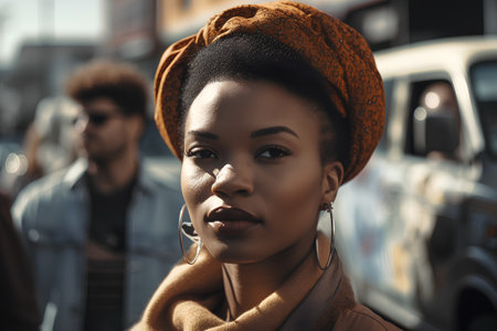 Beautiful african american woman in hat and coat posing on the streetの素材