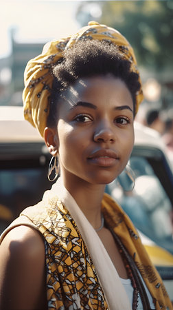 Portrait of a young african woman in traditional clothes, posing on the street.の素材