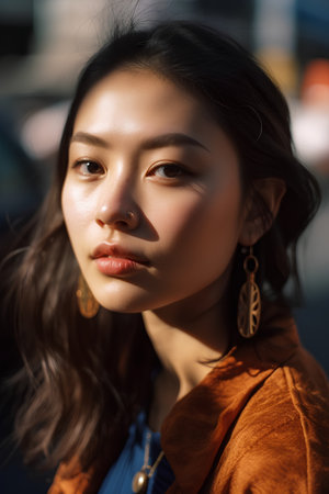 Portrait of a young beautiful asian woman in the city.の素材
