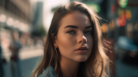 Close up portrait of a beautiful young woman with long blond hair on the streetの素材