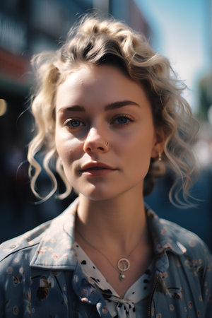 Portrait of a beautiful young woman with curly hair on the streetの素材