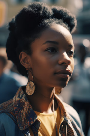 Fashionable woman poses outside Gucci fashion show building for Milan Women's Fashion Week in Milan.の素材