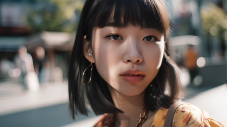 Portrait of a beautiful young asian woman in the city.の素材