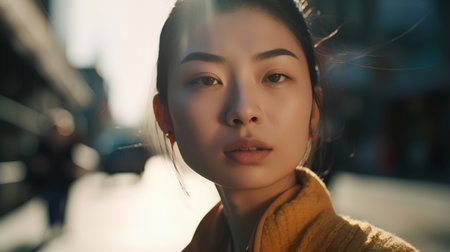 Portrait of a young beautiful asian woman in yellow coat.の素材