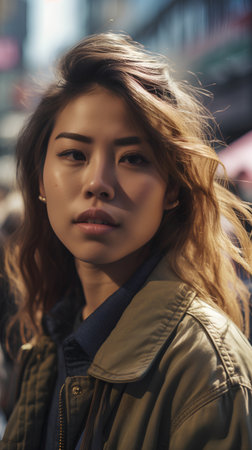Portrait of a beautiful young woman with long brown hair in the cityの素材