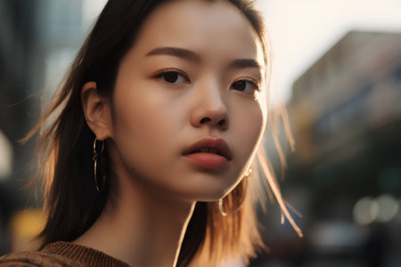 Portrait of a beautiful young asian woman in the city.の素材