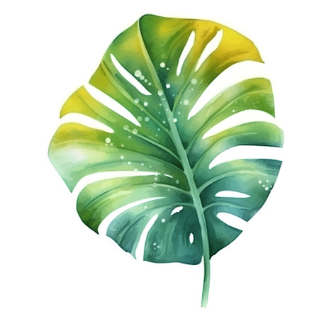 Watercolor monstera leaf isolated on white background. Hand drawn illustrationの素材