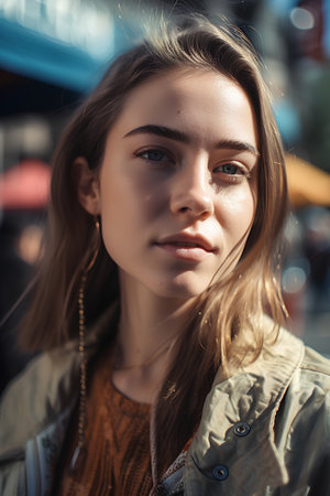Portrait of a beautiful young woman in the city. Girl with blue eyes.の素材
