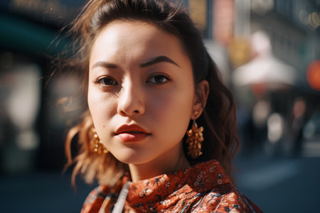 Portrait of a beautiful asian woman with long hair in the cityの素材