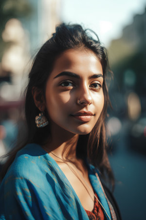 Portrait of a beautiful young woman in a blue dress on the streetの素材